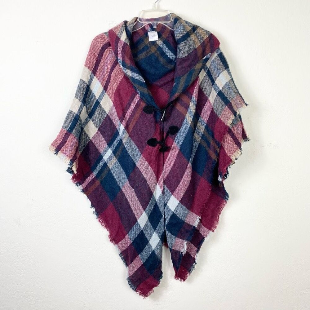 Isa & Steph Berry Red & Navy Plaid Button Up Poncho Wrap One Size